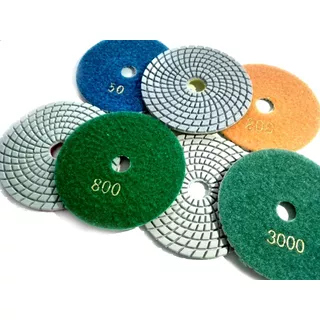 Kit X7 Granos 100mm Lija Pad Diamantada Con Velcro Pulido Húmedo Con Amoladora O Lijadora Mesada Mármol Granito Hormigón