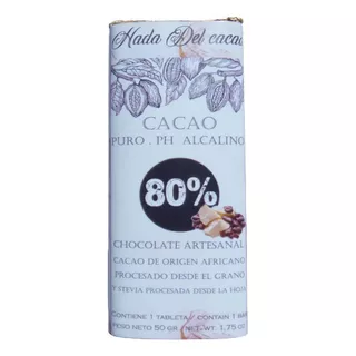 Tableta De Chocolate 80% Cacao Sin Azucar Stevia Keto Vegano