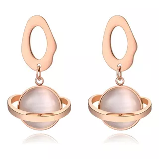 Brinco Feminino Elegante Saturno Banho Ouro Rosê Pedra Opala Cor Rosa-claro