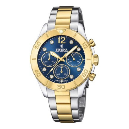 Reloj Festina F20604.3 Para Mujer Cronografo Cuarzo Color de la malla Plateado/Dorado Color del bisel Dorado Color del fondo Azul