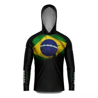 Camisa De Pesca Pescaria Com Capuz Brk Brasil Preta Uv50+