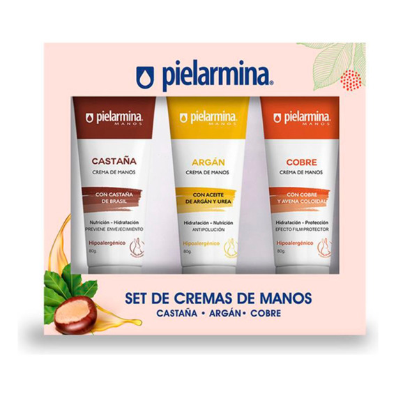 Estuche 3 Cremas Manos Pielarmina Castaña-argan-cobre 80gr