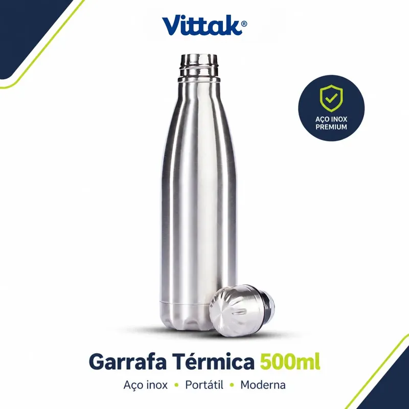 Vittak Garrafa Térmica Água Aço Inox 500ml Portátil Leve Segura Resistente Moderna
