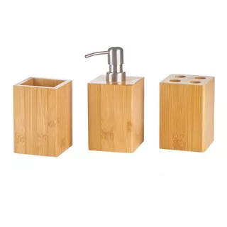 Set 3 Piezas Baño Bambu Dispenser Vaso Portacepillo