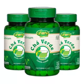 Kit 3 Chá Verde Com Vitamina A, C E E 120 Cápsulas Unilife Sabor Sem Sabor