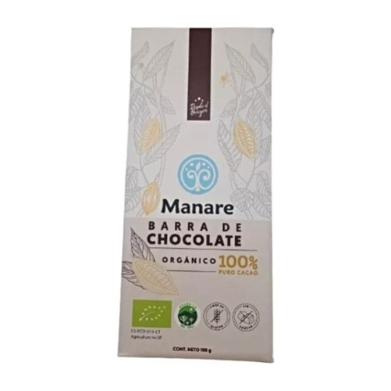 Barra Chocolate Orgánico Manare 100% Cacao Pack 2 De 100gr 