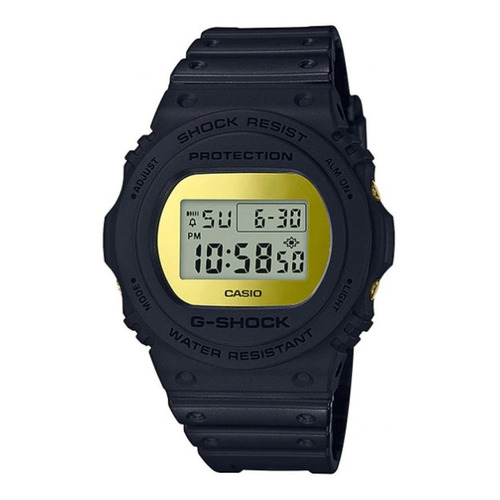 Reloj pulsera Casio G-Shock DW-5700 de cuerpo color negro, digital, fondo dorado y gris, con correa de resina color negro, dial negro, minutero/segundero negro, bisel color negro, luz azul verde y hebilla simple