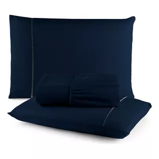 Jogo De Lençol Para Cama Casal Super King Size 400 Fios Cor Azul-marinho Desenho Do Tecido Liso Detalhe Ponto Palito