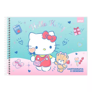 Caderno Desenho Cartografia Capa Dura 48 Folhas Hello Kitty