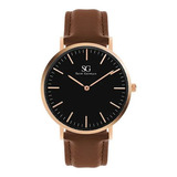 Relógio Minimalista De Couro Bronx Black Rosé Gold 40mm Cor Da Correia Marrom Cor Do Fundo Preto