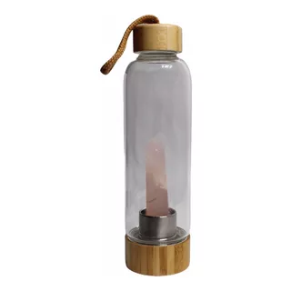 Botella De Cristal Agua Con Piedra Cuarzo Rosa Tapa Bamboo