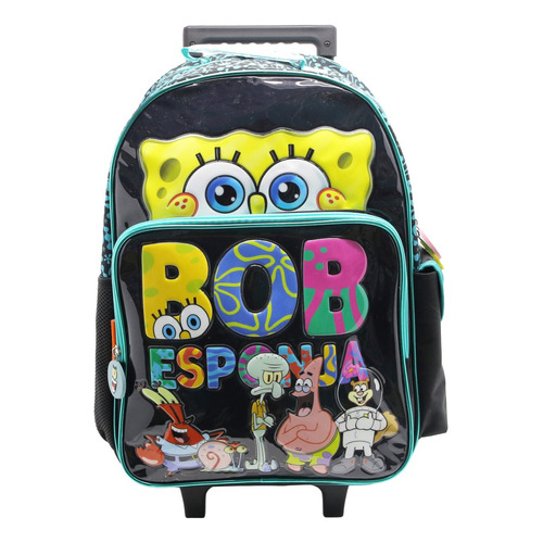 Mochila Escolar Bob Esponja Black Con Carro Color Negro Diseño De La Tela Liso