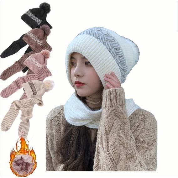 Sombreros Y Bufandas Moda Mujer 2 En 1, Gruesos Y Calentitos Color Blanco Diseño De La Tela Puro Algodón