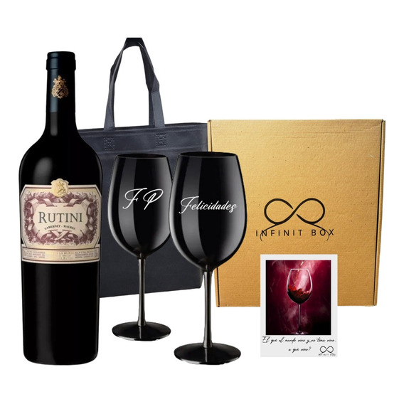 Box Vino Rutini Cab-malbec + 2 Copas Negras Grabadas Regalo