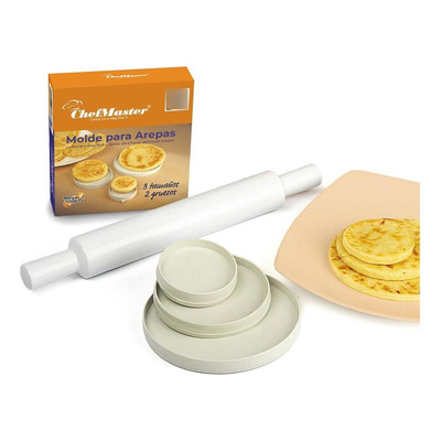 Combo X3 De Moldes Para Arepas Y Rodillo De Amasar 23 Cm Chef Master, Color Beige, Herramientas Prácticas Y Resistentes Para Preparación De Arepas Y Masas.