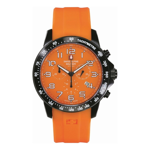 Reloj Swiss Alpine Military Ranger Chrono 7064.9879sam Malla Naranja Bisel Negro Fondo Naranja