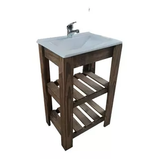 Mueble Para Baño Df Hogar Campo Pie + Bacha + Grifería De 50cm De Ancho, 80cm De Alto Y 37cm De Profundidad, Con Bacha Color Blanco Y Mueble Nogal Oscuro Con Un Agujero Para Grifería