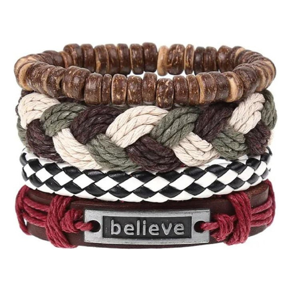 Conjunto Pulsera Cuero Believe Cuencas Hilo 4 En 1