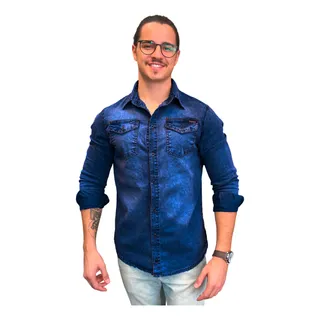 Camisa Jeans Masculina Slim Fit Manga Longa Bolso Lycra Luxo