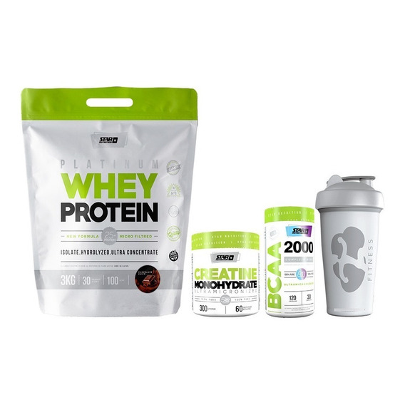 Whey Protein Star Nutrition 3kg + Creatina + Bcaa 2000+vaso