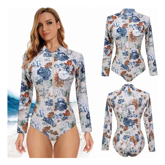 Traje De Baño Entero Surf Mujer Deportivo Largo Manga Playa