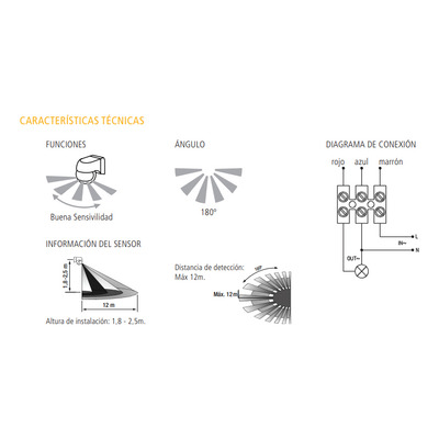 Sensor De Movimiento Infrarrojo Pared 180º 12mt Blanco Tbcin