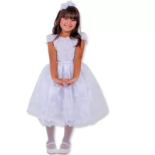 Vestido Branco Infantil C/ Laço De Cabelo Batizado Daminha