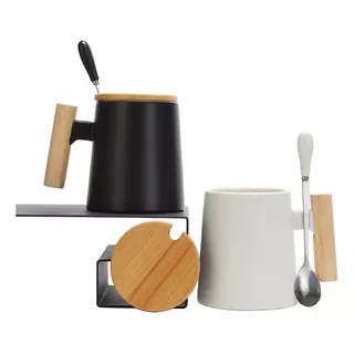 Taza De Ceramica Anti Derrame + Tapa Y Cuchara De Madera