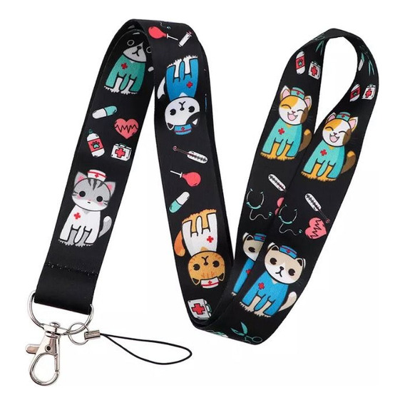 Lanyard Gatos Enfermera Cinta Colgante Negro Llavero