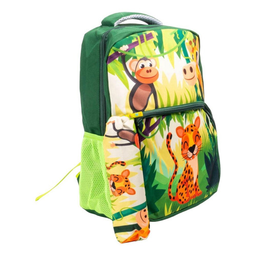 Mochila Escolar Animales De La Selva Salvajes + Cartuchera Color Verde