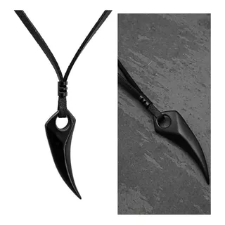 Colar Masculino Cordão De Couro Pingente Dente De Lobo Preto