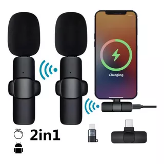 Micrófonos Inalámbricos Solapa 2 En 1 Para iPhone O Tipo C Color Negro