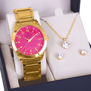 Relógio Champion Feminino Dourado E Rosa + Colar E Brincos