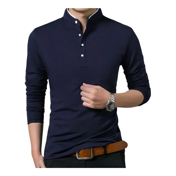 Polos Manga Larga Cuello Chino, Mao, Neru Slim Fit De Hombre