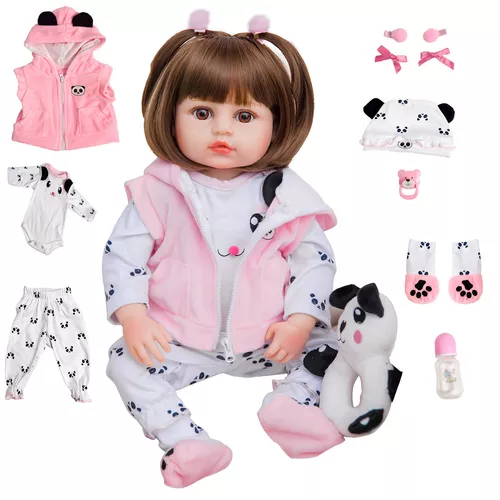 Brastoy Boneca Bebê Reborn Menina Silicone Panda Olhos Castanhos