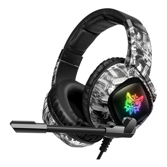 Auriculares gamer inalámbricos Onikuma Gamer K19 camuflaje gris con luz  rgb LED