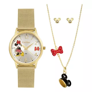 Kit Relógio Dourado Feminino Condor Coleção Disney Minnie