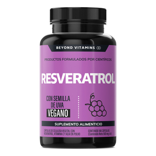 Resveratrol 100% Vegano | Suplemento Alimenticio Con Pimienta Negra Para Mejor Absorción, Vitamina C, Semilla De Uva Y Acai Beyond Vitamins | 180 Capsulas
