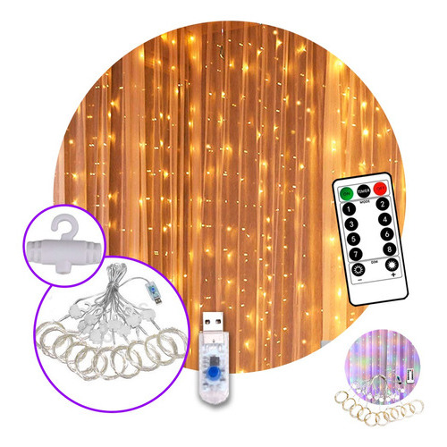 Cortina Luces Led 3x3 Calida Lluvia De 10 Tiras Usb Navidad