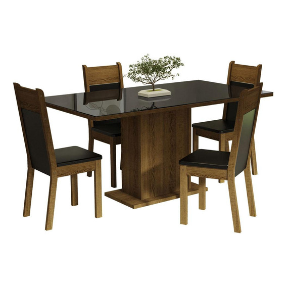 Juego Comedor Mesa Tablero Vidrio 4 Sillas Greta Madesa Color Negro/Marrón