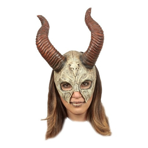 Máscara Cráneo Con Cuernos Mítico Halloween Terror 26764 Color Café
