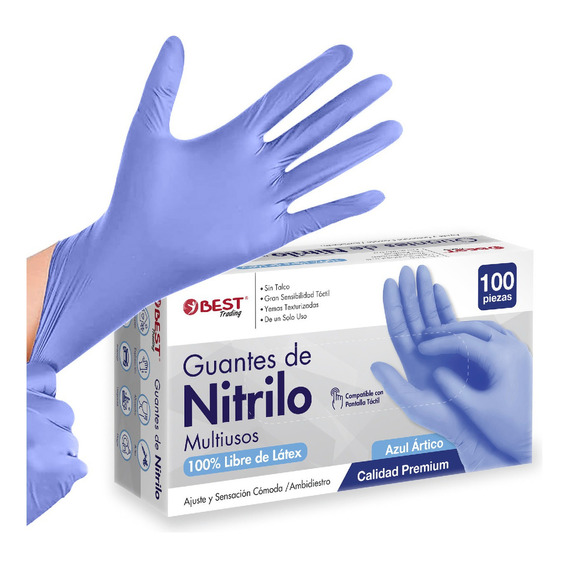 100 Guantes de Nitrilo Premium Color Azul Claro Totalmente Libre De Látex Y Vinyl Sin Polvo Talla Mediano, 100% de Nitrilo