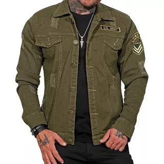 Jaqueta Jeans Verde Militar Slim Fit Usa Army Masculina