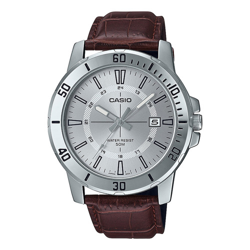 Reloj de pulsera Casio MTP-VD01L-7CVUDF, analógico, para hombre, fondo plateado, con correa de cuero color marrón, dial plateado, bisel color plateado y hebilla simple