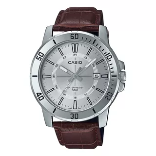 Reloj De Pulsera Casio Mtp-vd01l-7cvudf, Analógico, Para Hombre, Fondo Plateado, Con Correa De Cuero Color Marrón, Dial Plateado, Bisel Color Plateado Y Hebilla Simple