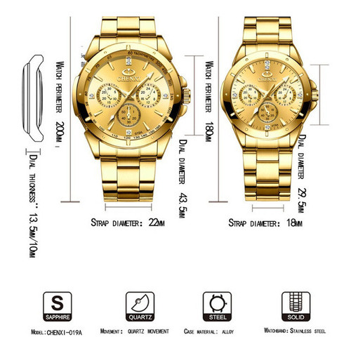 Relojes de negocios luminosos Chenxi, 2 piezas, color de fondo dorado/negro