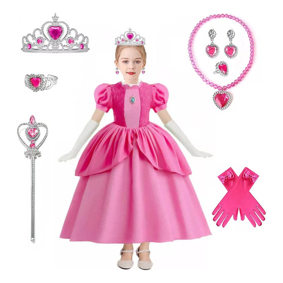 Niñas Princesa Peach Disfraz Super Bros Con Corona Diadema Pendientes Guantes Para Peach Cosplay Vestir