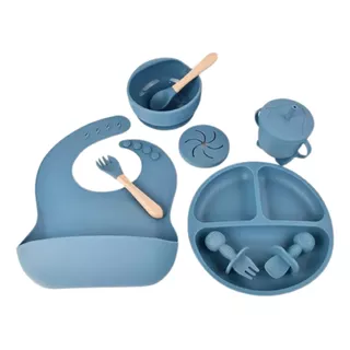 Kit 8 Alimentação Bebê Silicone Prato Babador Alimentar Cor Azul