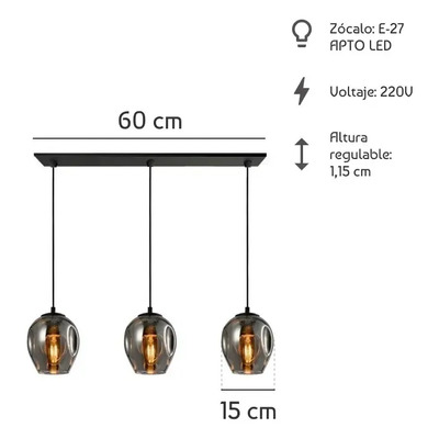 Colgante 3 Luces Ástrid Humo Apto Led Vidrio Moderno Cie Ahumado