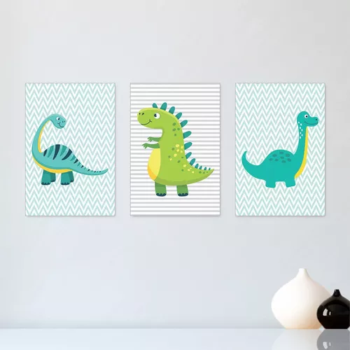 kit 5 Quadros Infantil Desenhos Coloridos de Dinossauros